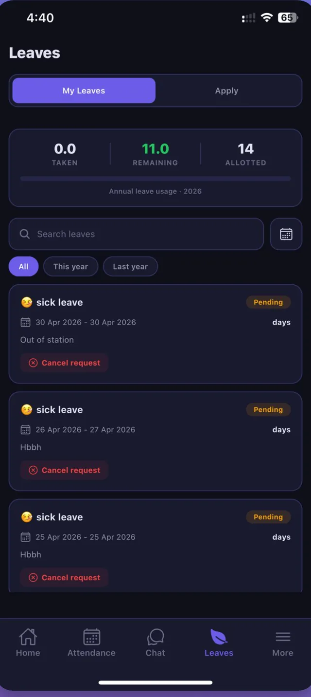 NepalHRM leave management app - apply for leave, live balance, and pending requests