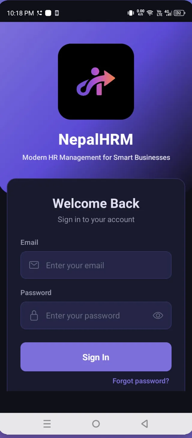 NepalHRM app login screen - modern HR management for smart businesses