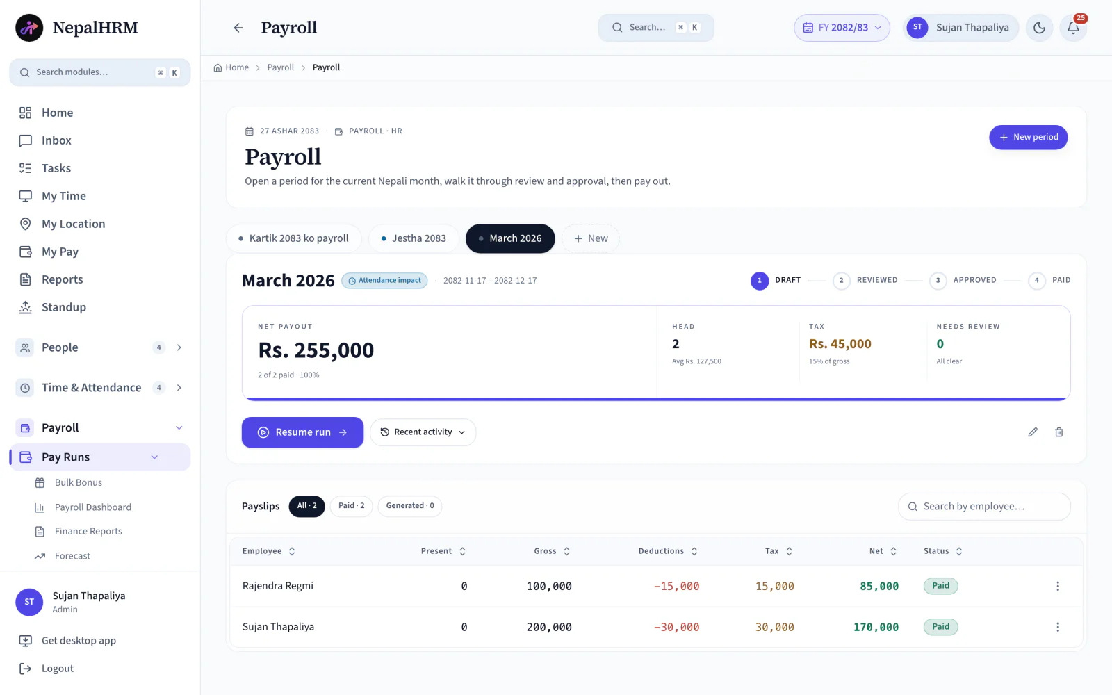 A NepalHRM payroll period with gross, deductions, tax and net pay listed for each employee, and the net payout and tax totals for the run.