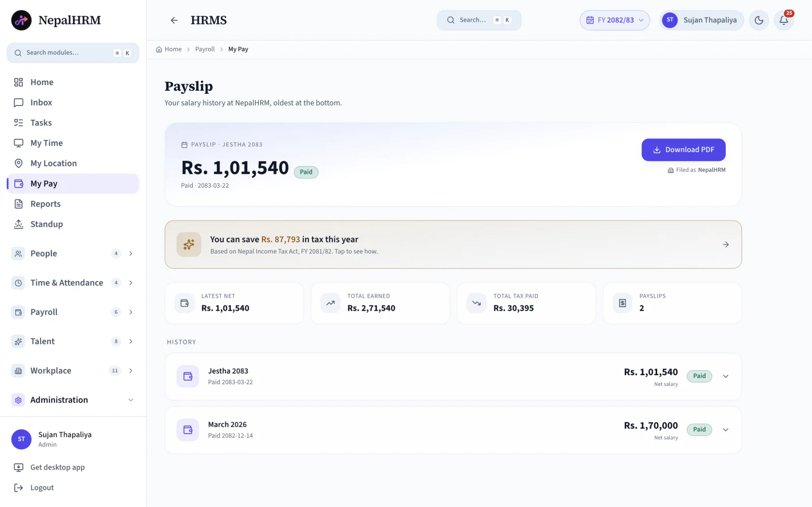 An employee's salary history in NepalHRM, showing the latest net pay, total earned, total tax paid and a downloadable PDF payslip for each month.
