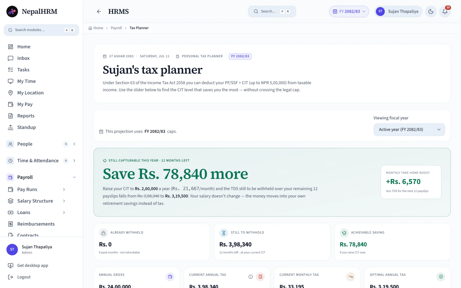 The NepalHRM tax planner showing annual gross, current annual tax, the CIT contribution that minimises it, and the saving still capturable this year.