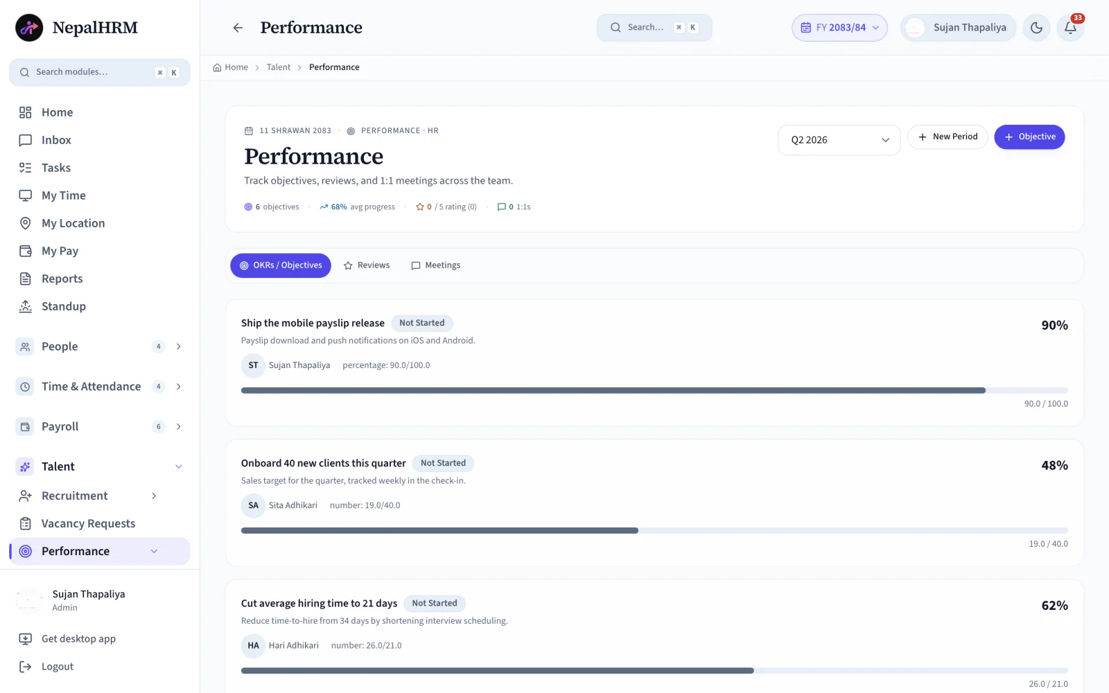 NepalHRM performance page showing the quarter's objectives with owners, key-result targets and live progress bars
