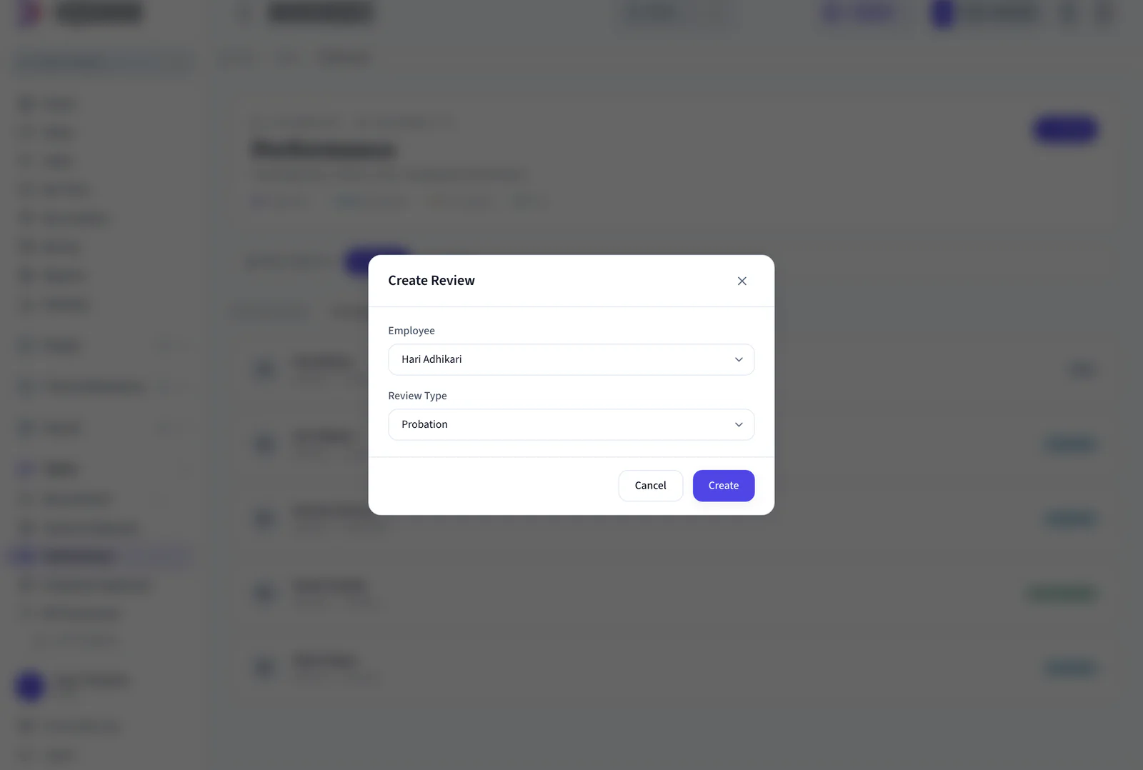 The Create Review dialog in NepalHRM, choosing the employee and a probation review type
