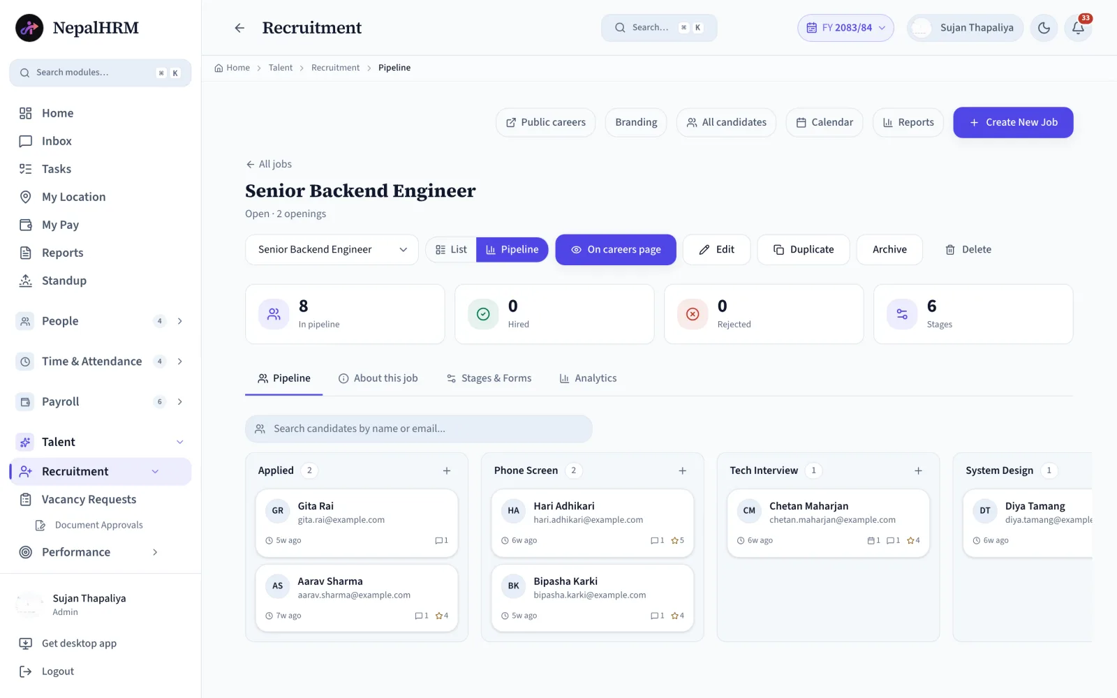 NepalHRM recruitment pipeline board for a Senior Backend Engineer role with Applied, Phone Screen, Tech Interview and System Design columns