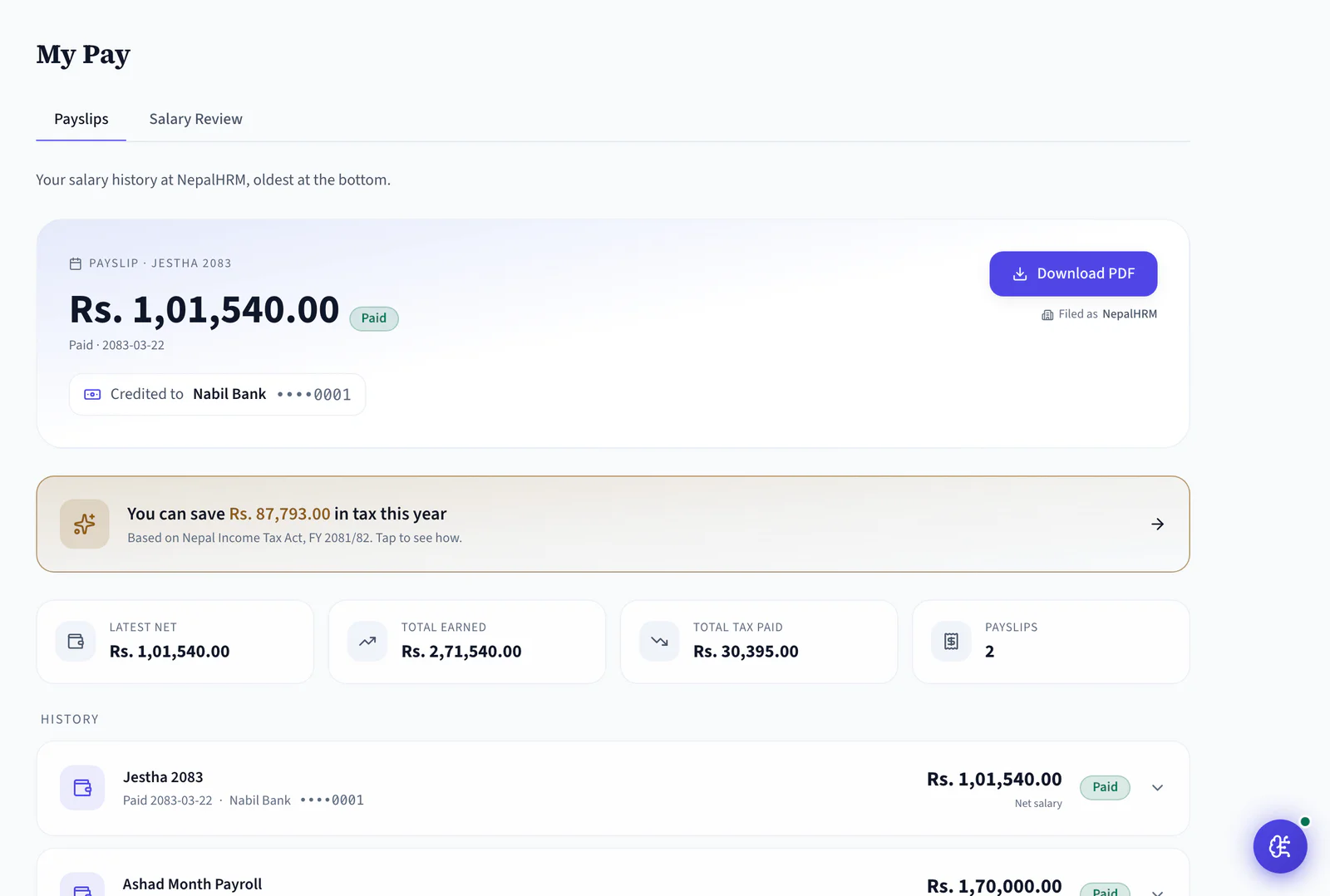 My Pay in NepalHRM: the latest payslip with net pay and a masked bank account, the year-to-date earnings and tax strip, and the full payslip history below