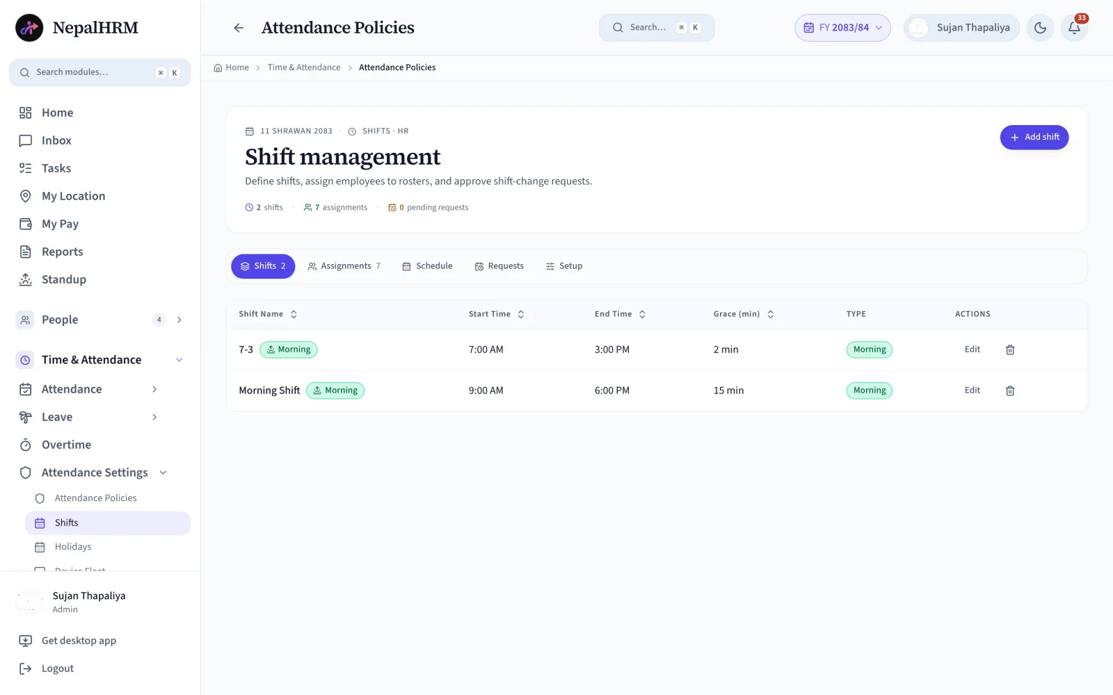 NepalHRM shift management software listing shifts with start time, end time, grace minutes and shift type alongside assignment, schedule and request tabs