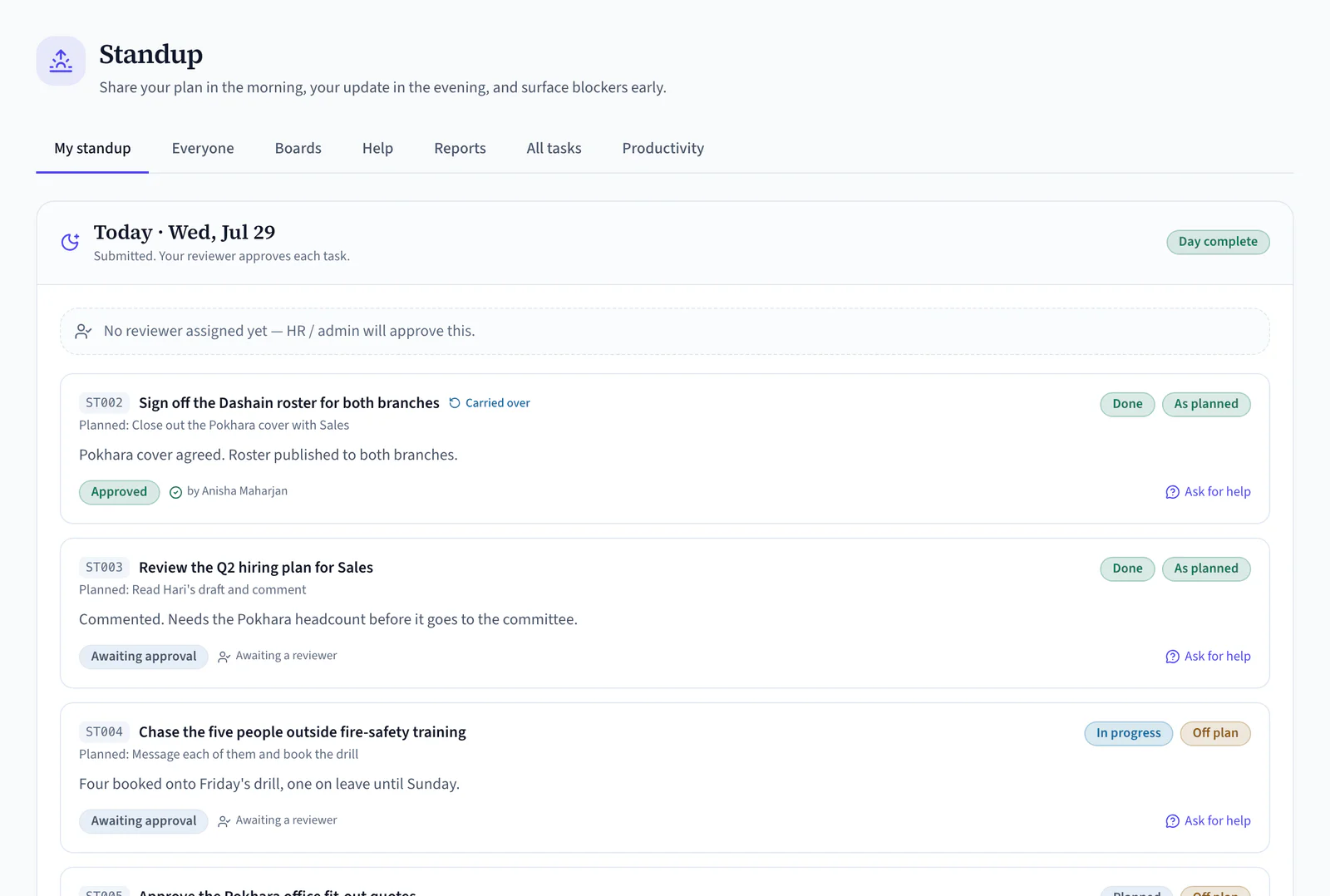 A filed daily standup in NepalHRM, each task carrying its own code, the morning plan and the day-end update