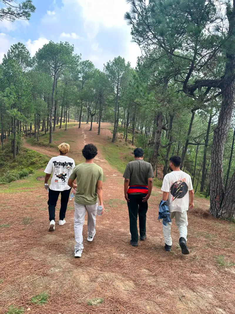 NepalHRM team members hiking up a pine-forest trail on the hills above Kathmandu during a team outing